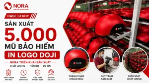 Case study sản xuất 5.000 mũ bảo hiểm in logo DOJI tại xưởng NORA
