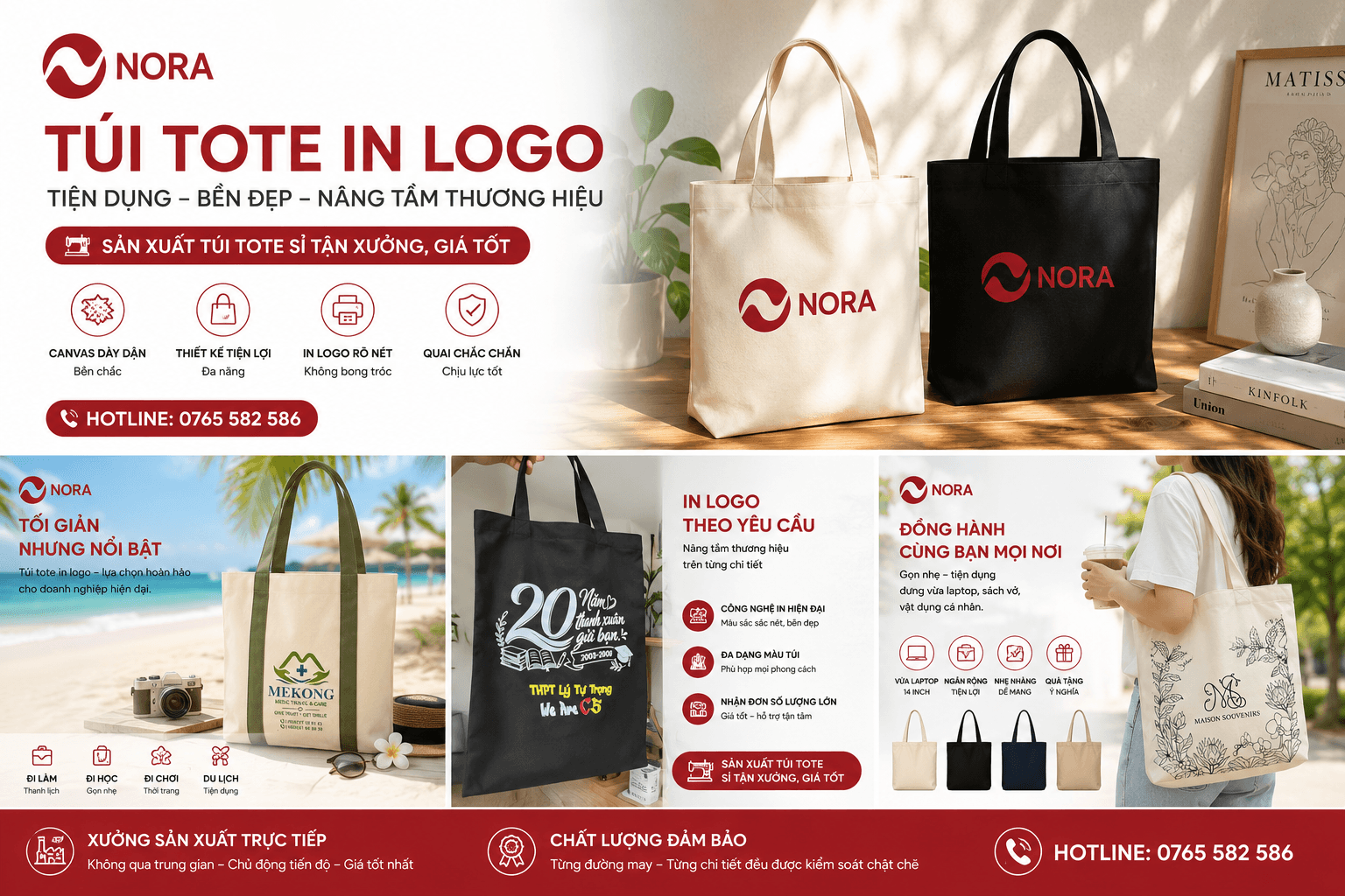 May túi tote in logo theo yêu cầu cho doanh nghiệp tại NORA